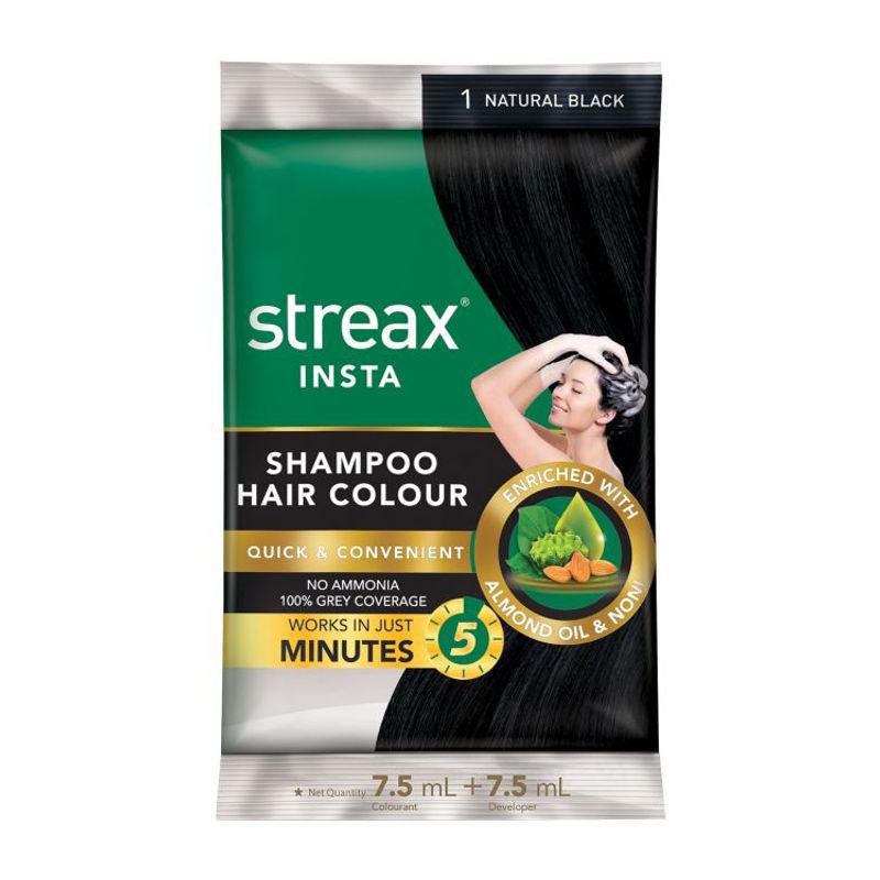 Streax Insta Shampoo Hair Colour - Shade 1 Natural Black 18 ml - Quick Pantry