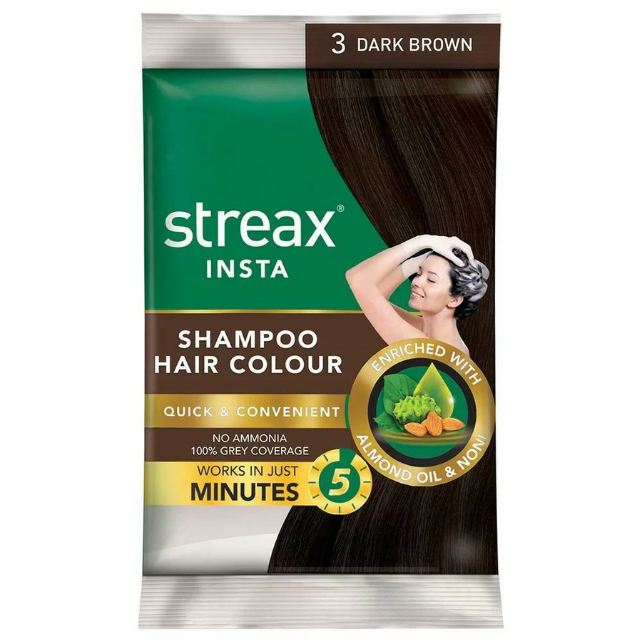 Streax Insta Shampoo Hair Colour 3 Darkest Brown 18ml Sachet