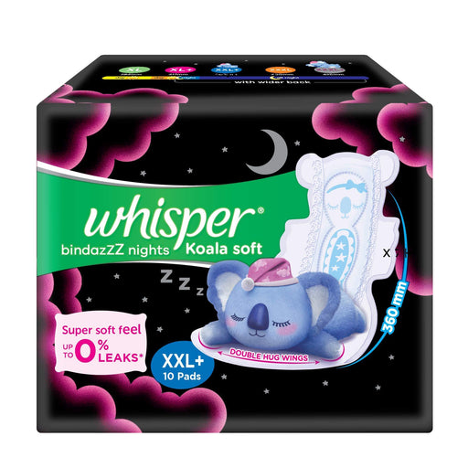Whisper Sanitary Pads - Bindaz Night Koala Soft - XXL+ 10 Pads - Quick Pantry