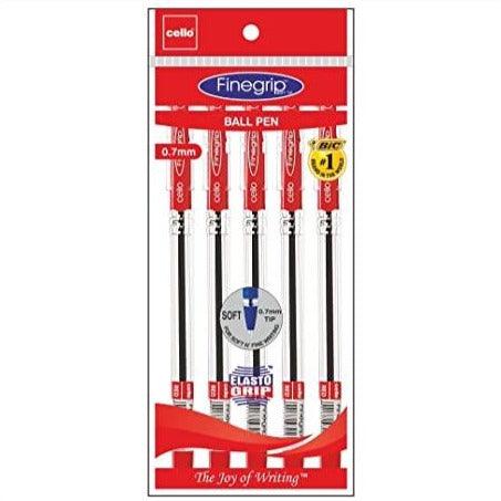 Cello Fine Grip Red Ink Ball Pen (0.7 mm) (Pack of 5) - Quick Pantry